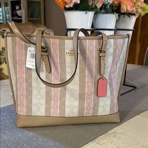 Coach Pink and Tan Shoulder Bag with Stripes